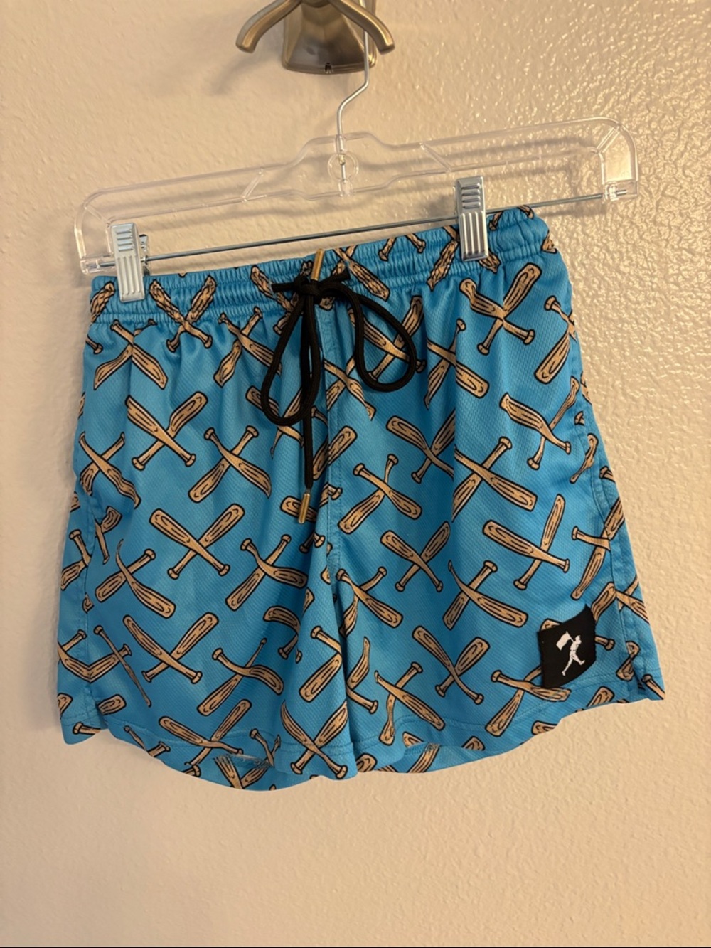 Kids Blue Baseball Bat Print Athletic Shorts with Drawstring